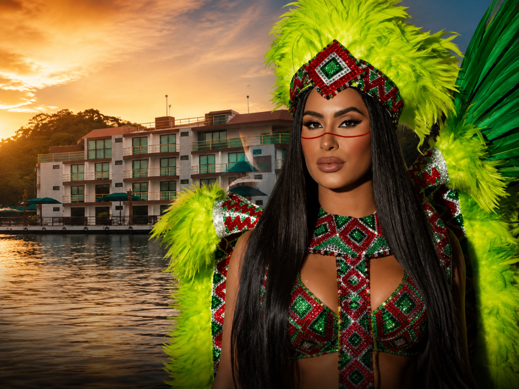 Cunhã usando uma fantasia carnavalesca tradicional e exuberante nas cores verde, vermelho e prata, adornada com penas grandes e vibrantes na cabeça e nos ombros. Ela tem cabelos longos e pretos, maquiagem marcante com detalhes vermelhos ao redor dos olhos e expressão confiante olhando para a câmera. Ao fundo, aparece a orla de um rio ao entardecer, com o céu alaranjado refletindo na água e prédios modernos na margem, criando uma atmosfera festiva e amazônica.